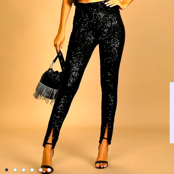 Lulus Pants - Party Perfection Black Sequin Slit Front High-Waisted Pants
